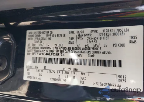 2020 Ford F-150 Xlt z USA, uszkodzony, nr VIN 1FTFW1E46LFC55134